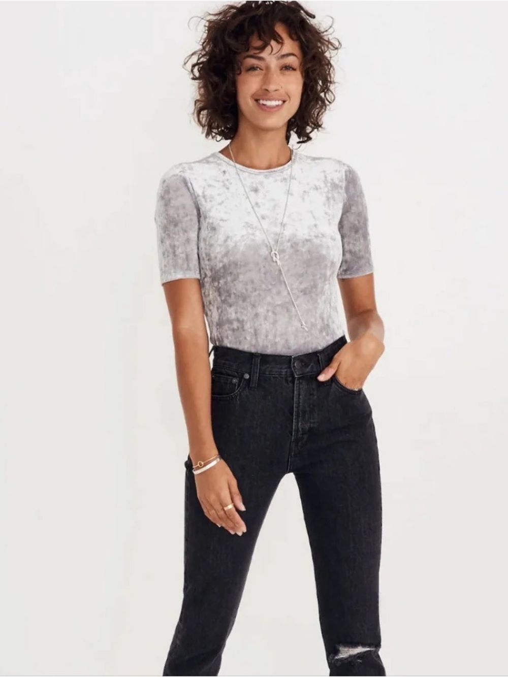 Madewell Crushed Velvet Short-Sleeve bodysuit in Silver - Size XL